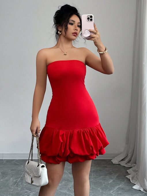 SHEIN Elenzga Women's Elegant Solid Color Ruffle Hem Slim Fit Tube Dress