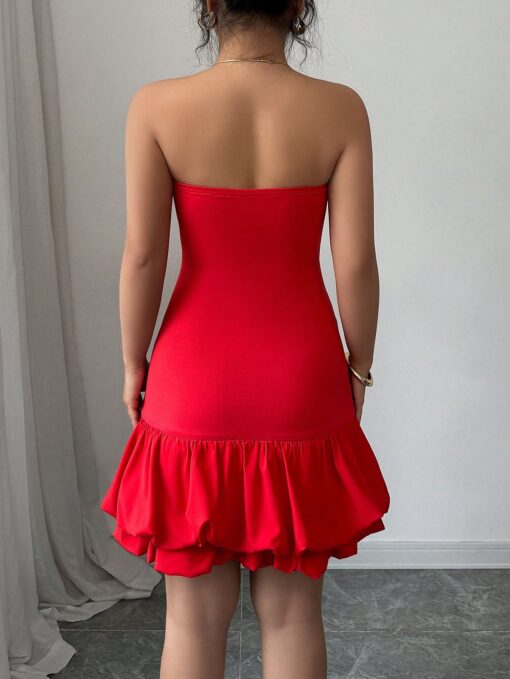 SHEIN Elenzga Women's Elegant Solid Color Ruffle Hem Slim Fit Tube Dress - Image 2