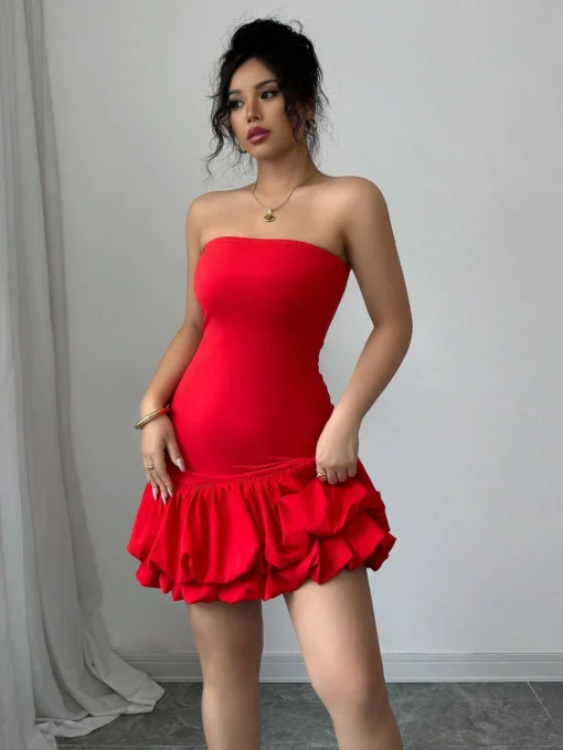 SHEIN Elenzga Women's Elegant Solid Color Ruffle Hem Slim Fit Tube Dress - Image 3