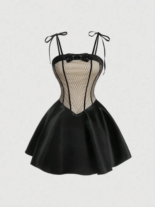 SHEIN MOD Women's Party Sequin Bow Strap Sleeveless Black Mini