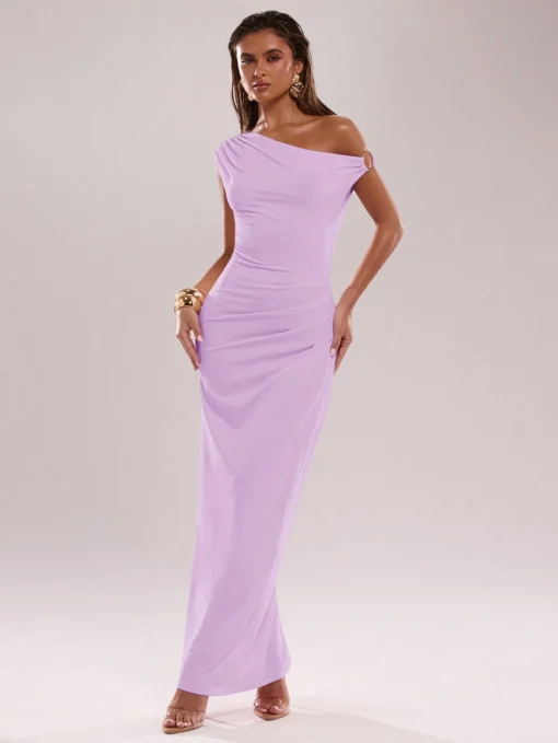SHEIN BAE Women's Elegant Asymmetrical Neck Metal Embellished Maxi Dress