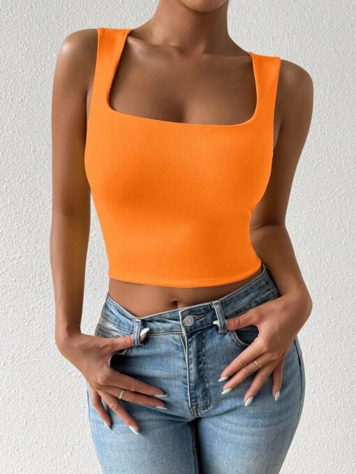 SHEIN PETITE Fluorescent Orange Color Casual Base Short Sleeveless Top