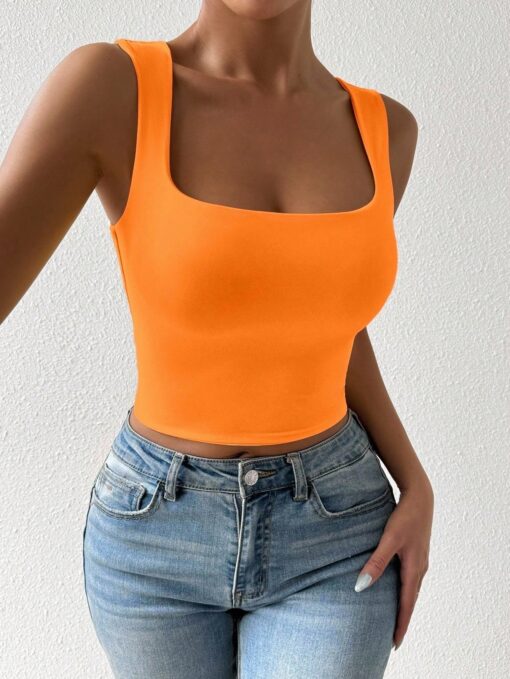 SHEIN PETITE Fluorescent Orange Color Casual Base Short Sleeveless Top - Image 3