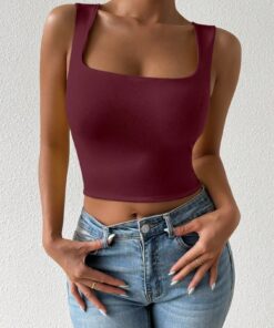 SHEIN PETITE Red Brown Color Casual Base Short Sleeveless Top,Body Top