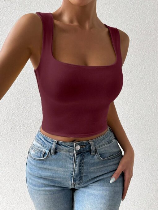 SHEIN PETITE Red Brown Color Casual Base Short Sleeveless Top,Body Top - Image 3