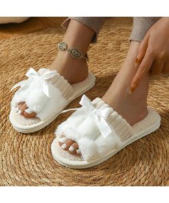 SHEIN Women's Bunny Fur Bowknot Design Slide Slippers