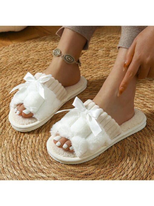 SHEIN Women's Bunny Fur Bowknot Design Slide Slippers