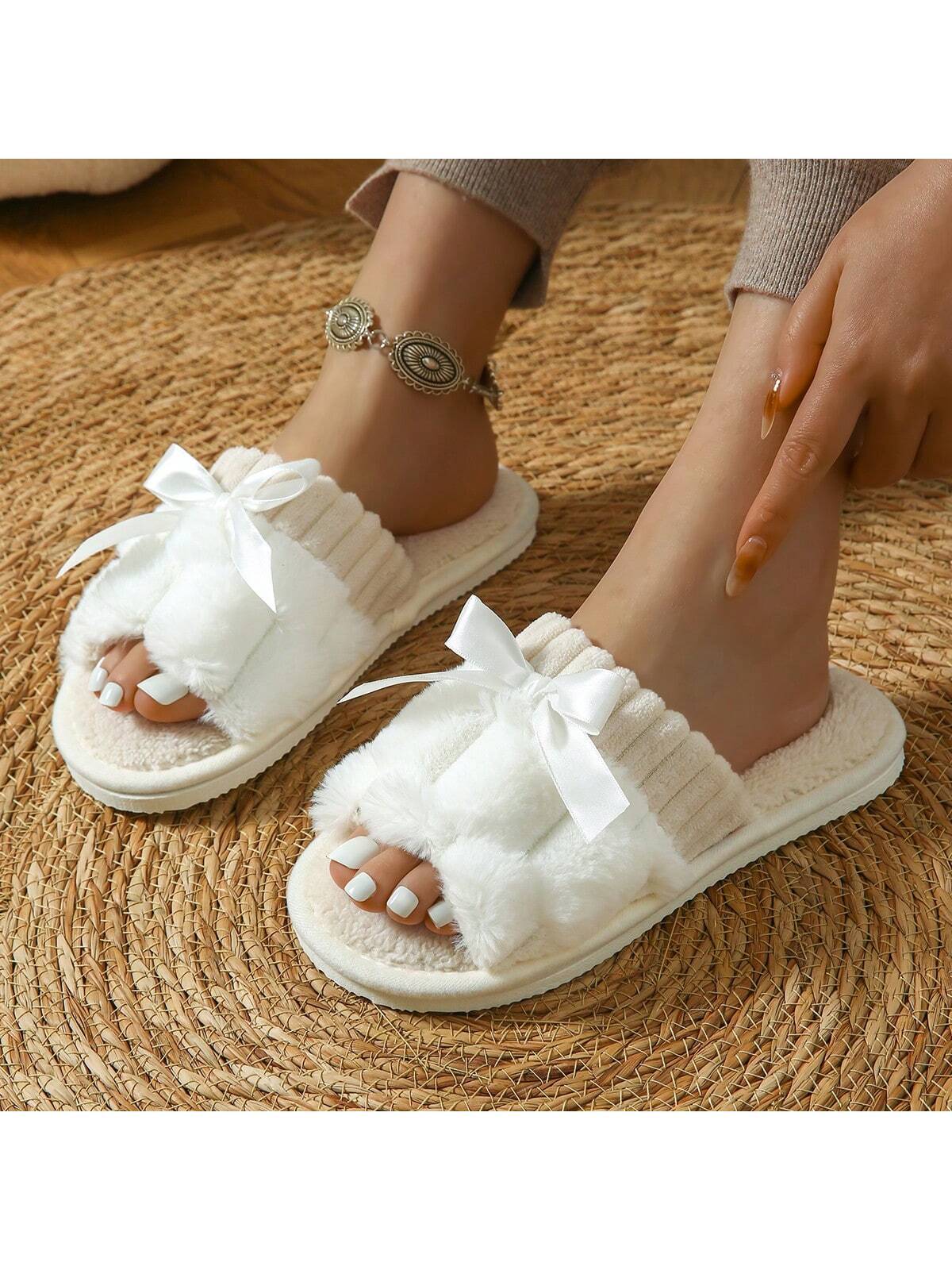 SHEIN Women's Bunny Fur Bowknot Design Slide Slippers
