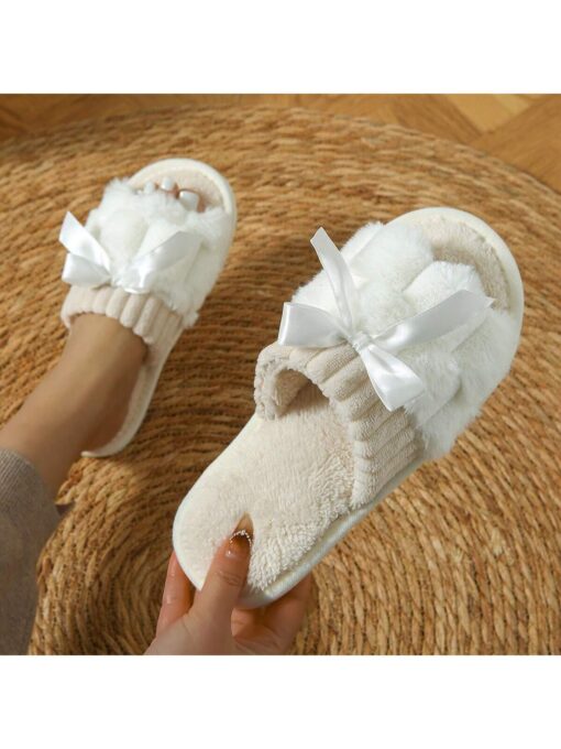 SHEIN Women's Bunny Fur Bowknot Design Slide Slippers - Image 2
