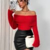 SHEIN Chiquease Solid Color Elegant Fashion Off-Shoulder Long Sleeve Pullover Sweater