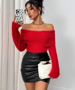 SHEIN Chiquease Solid Color Elegant Fashion Off-Shoulder Long Sleeve Pullover Sweater