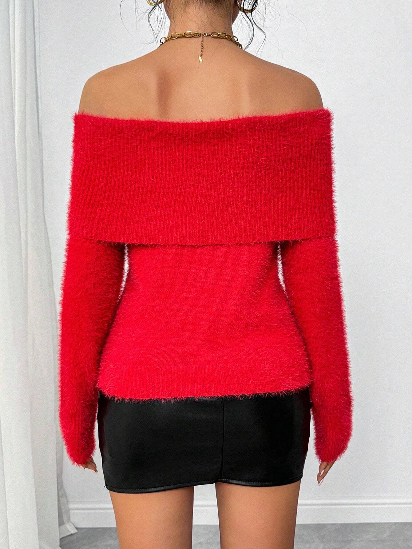 SHEIN Chiquease Solid Color Elegant Fashion Off-Shoulder Long Sleeve Pullover Sweater - Image 2