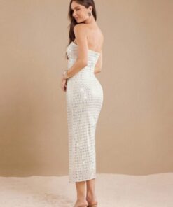 L’Amorae Elegant Strapless Sequin Foldover Fitter Summer Vacation Midi Dress