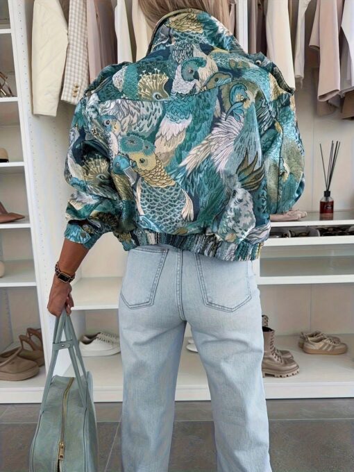 New Casual Vintage Ocean Animal Print Front Button Pocket Zipper Jacket