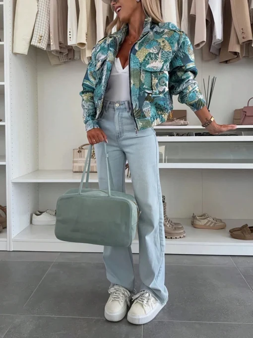 SHEIN New Casual Vintage Ocean Animal Print Front Button Pocket Zipper Jacket - Image 3