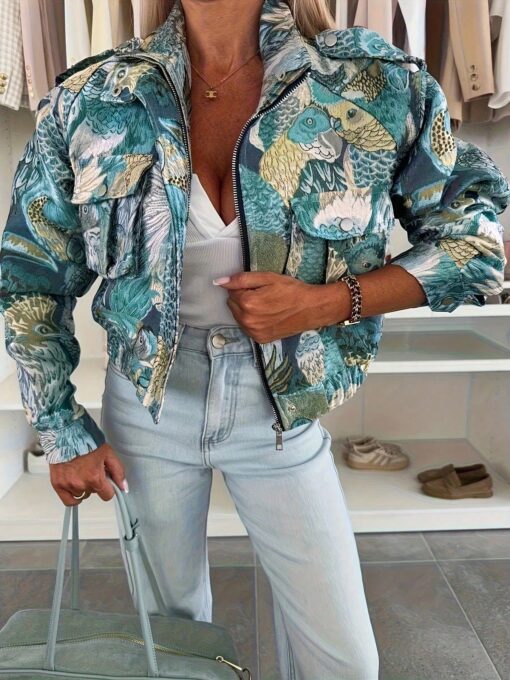 New Casual Vintage Ocean Animal Print Front Button Pocket Zipper Jacket