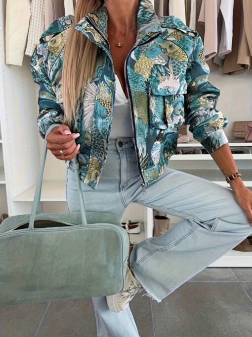 SHEIN New Casual Vintage Ocean Animal Print Front Button Pocket Zipper Jacket - Image 2