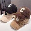 Unisex Plain Letter C Embroidered Fleece Warm Baseball Cap