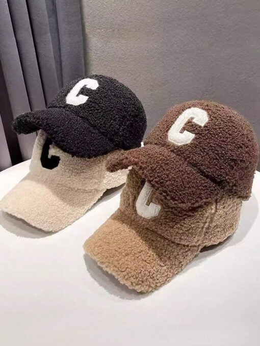 Unisex Plain Letter C Embroidered Fleece Warm Baseball Cap