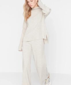 Beige Knitwear Top and Bottom Set - Stand Collar Twoaw21Au0060