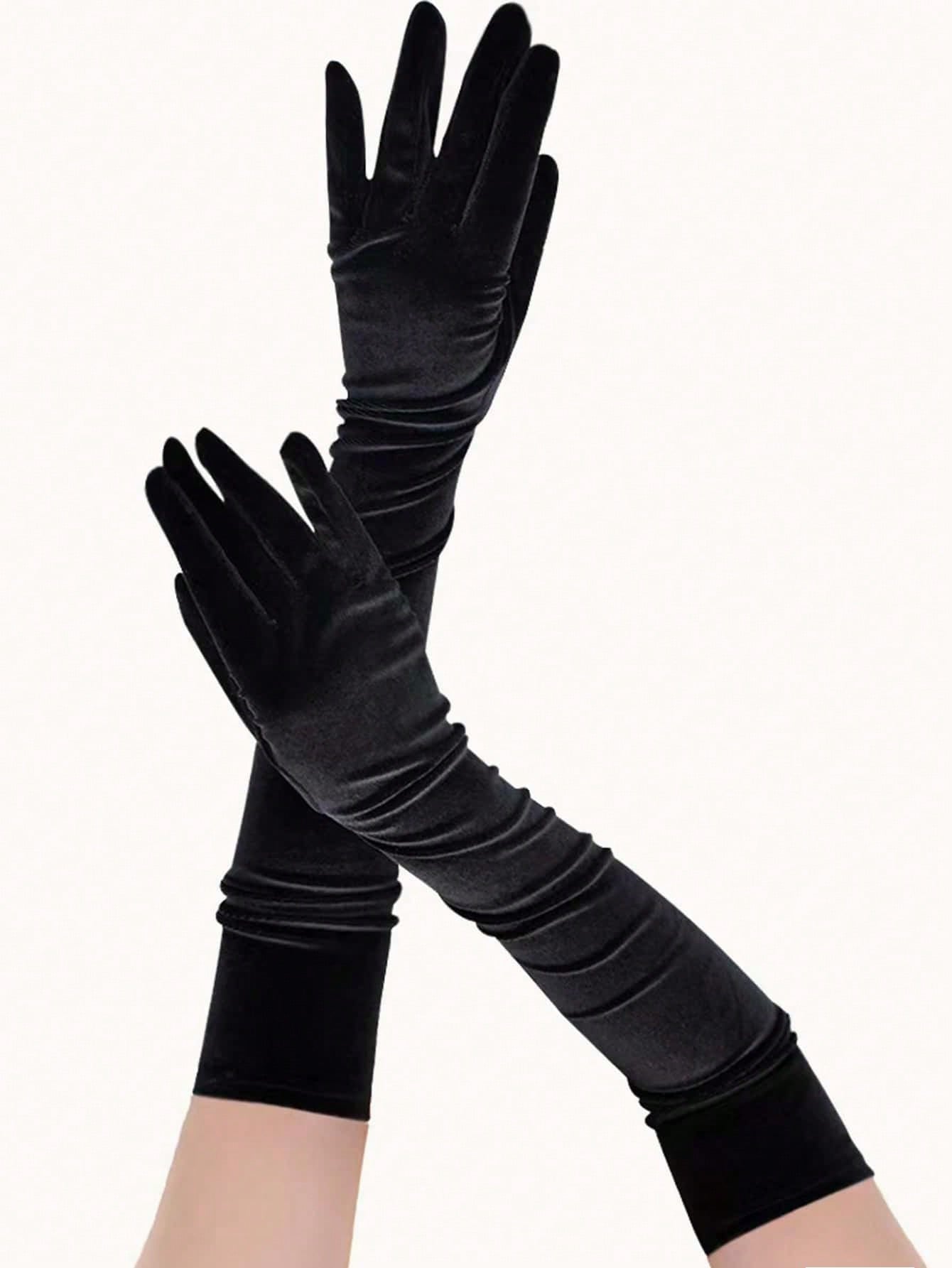 SHEIN 1 Pair Women's Black Velvet Elastic Long Elbow Length Gloves