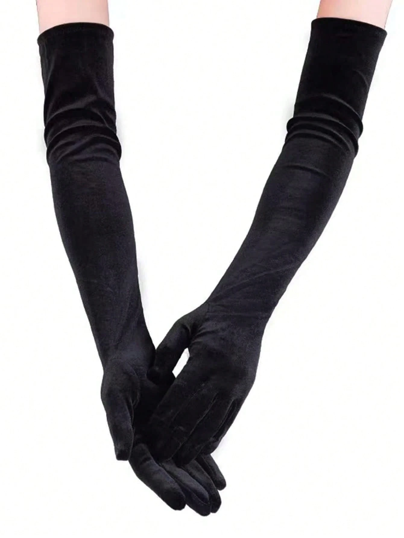 SHEIN 1 Pair Women's Black Velvet Elastic Long Elbow Length Gloves - Image 4
