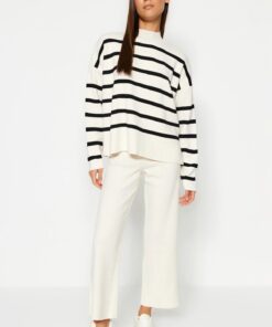 Ecru Striped Bottom-Top Set - Knitwear Trousers