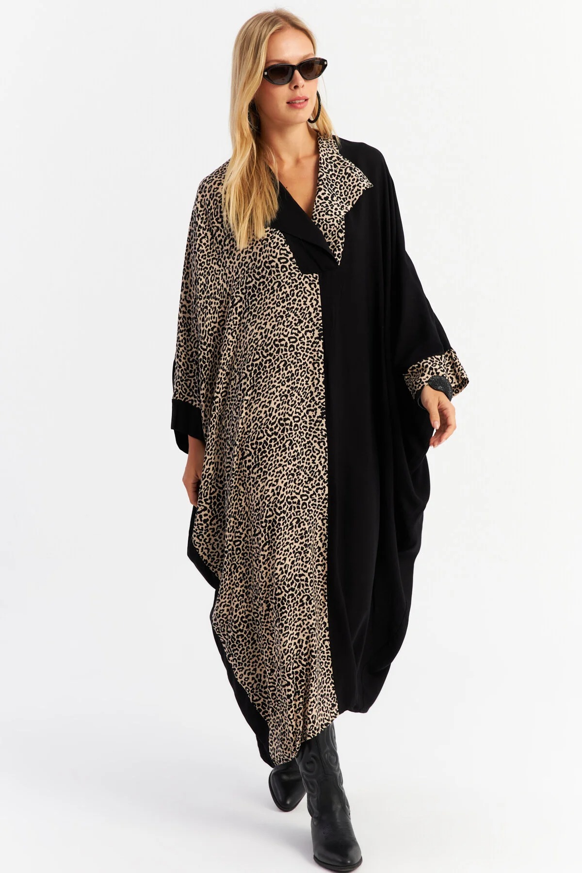 Trendyol Leopard Blocked Black Maxi Women's Dress - Camel Alo15