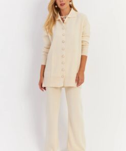 Trendyol Ecru Women's Knitwear Cardigan and Bottom Set - Pearl Buttoned Nuv26