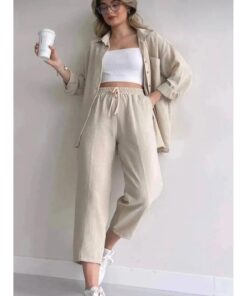 Women's Grass Detailed Shirt Pants Linen Suit