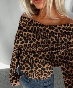 SHEIN Aloruh Leopard Print Off-Shoulder Long Sleeve T-Shirt