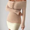 Chiquease Women's Off Shoulder Button Sweater Knit Pullover