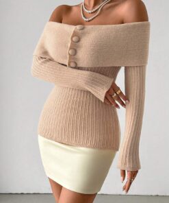 Chiquease Women's Off Shoulder Button Sweater Knit Pullover