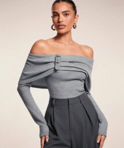 Glamine 1pc Women Off-Shoulder Leather Patch Decorated