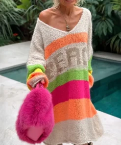 Peace Pattern Color Blocks Loose Midi Sweater Dress