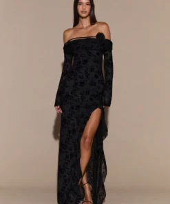 SHEIN BAE Black Flocked Off Shoulder Long Sleeve Bodycon Dress