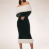 SHEIN SURIMA Women’s Furry Patchwork Long Sleeve Off-Shoulder Casual Midi Dress