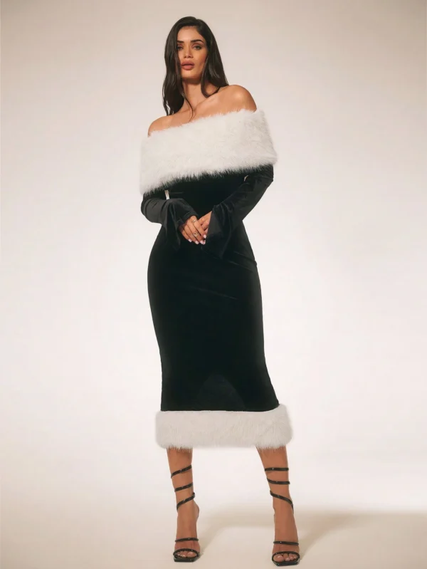 SHEIN SURIMA Women’s Furry Patchwork Long Sleeve Off-Shoulder Casual Midi Dress