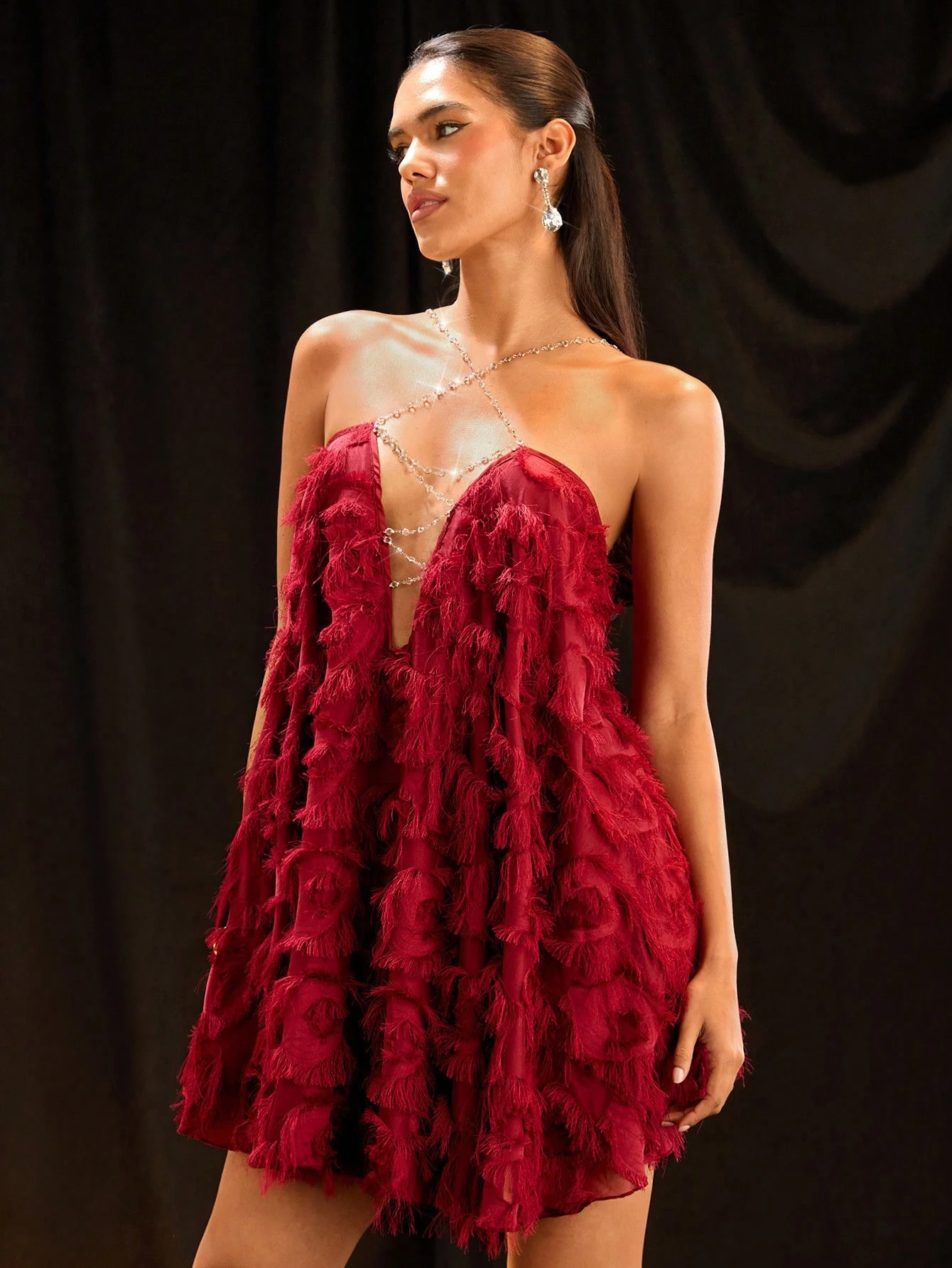 Glamine Women's Burgundy Party Dress – Rhinestone-Decorated Backless Dress