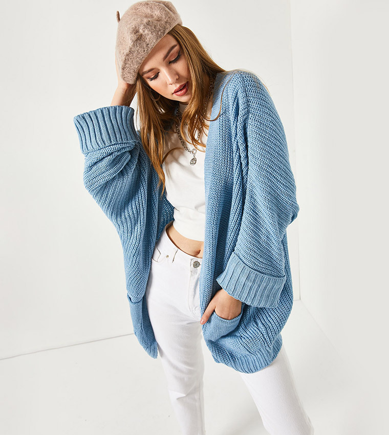 Trendyol Women's Baby Blue Thessaloniki Knitted Cardigan With Pockets Double Sleeve