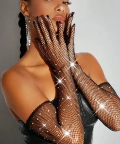 SHEIN Accessories 1 Pair Shiny Crystal Fishnet Gloves, Boho Retro Style Long Gloves