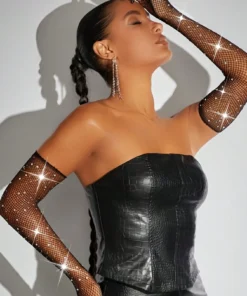 SHEIN Accessories 1 Pair Shiny Crystal Fishnet Gloves, Boho Retro Style Long Gloves