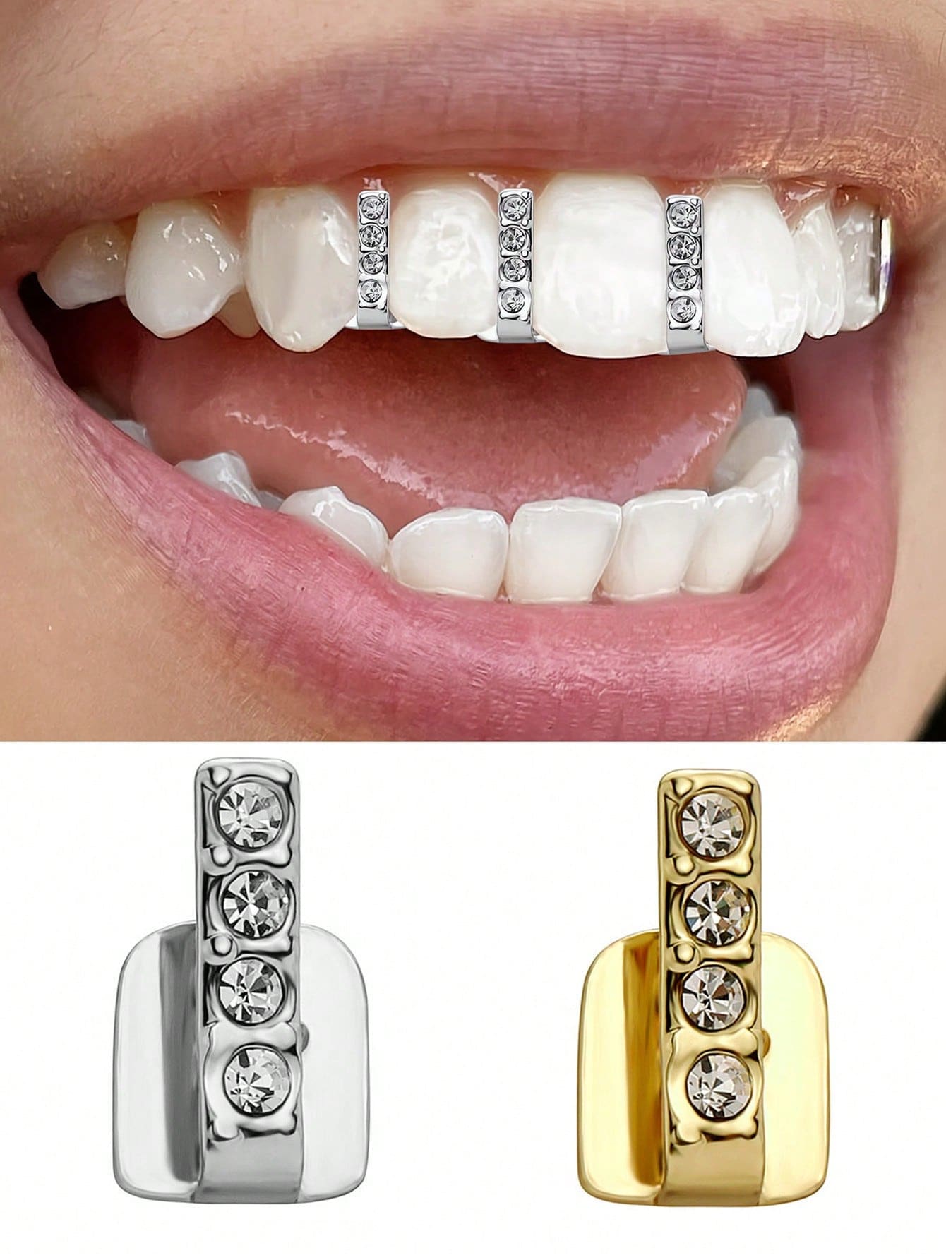 SHEIN Accessories 1pc Bar & 4 Rhinestone Single Tooth Grillz, Personalized Hip Hop Style Suitable For Men And Women Daily Wear