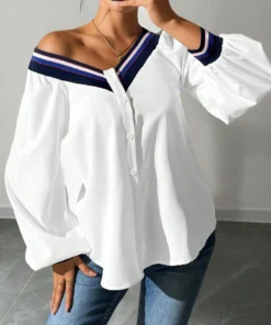 SHEIN TOPS Chiquease Colorblock Ribbed V-Neck Button-Up Women's Shirt, Minimalist