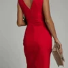 SHEIN Dress Women's Solid Color Elegant Party Casual Ruffle Hem Wedding Pleated Plus Size Fitted Slit Red Maxi Dress