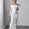 SHEIN Dresses Firerie Women's Elegant White Open Shoulder Pearl Decor Ruched Slim Fit Maxi Dress