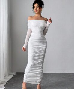SHEIN Dresses Firerie Women's Elegant White Open Shoulder Pearl Decor Ruched Slim Fit Maxi Dress