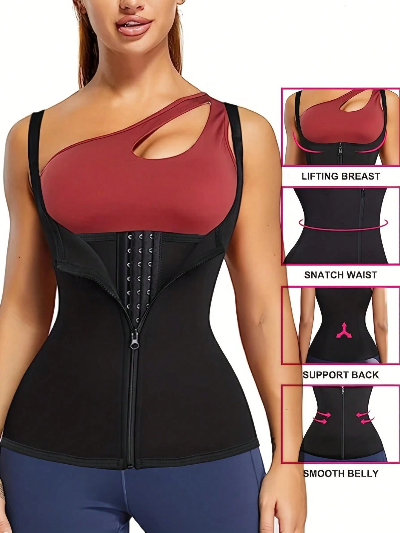 SHEIN Accessories Sports Outdoor 1pc Zipper & Hook Closure Black Camisole Shapewear Waist Trainer Corset Gym Accessories